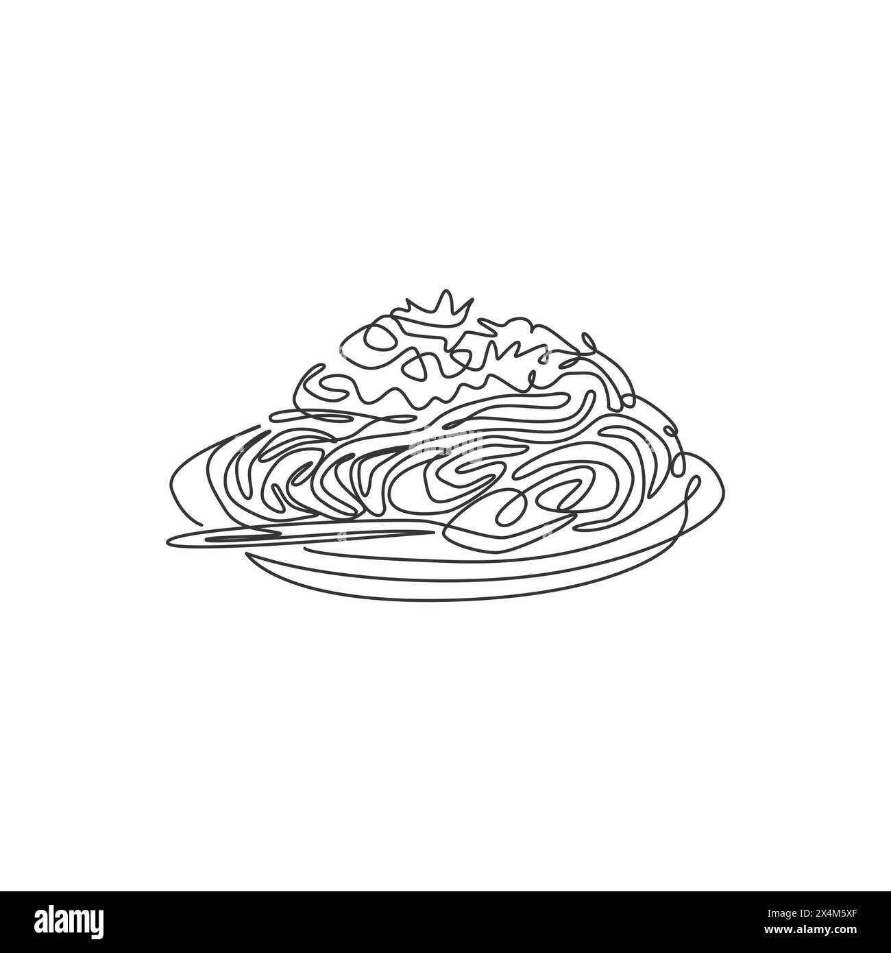 One single line drawing fresh delicious Italian spaghetti logo graphic vector illustration. Italy noodle fast food cafe menu and restaurant badge conc Stock Vector