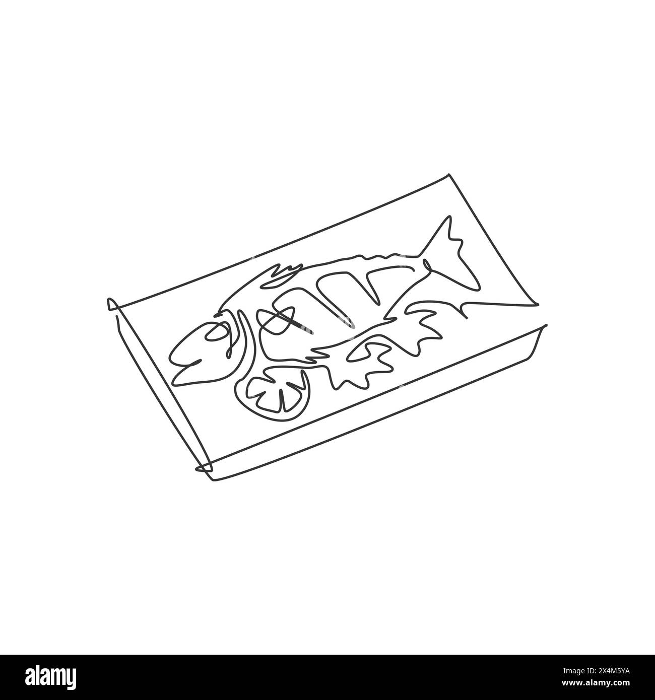 One single line drawing of fresh tasty delicious baked salmon fish on hot plate logo vector illustration. Seafood cafe menu and restaurant badge conce Stock Vector