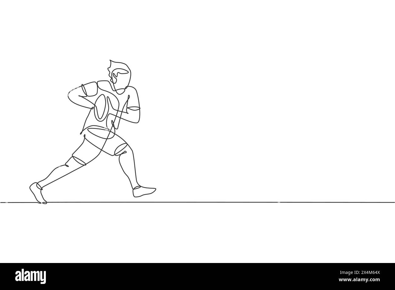 One continuous line drawing of young man rugby player training and ...