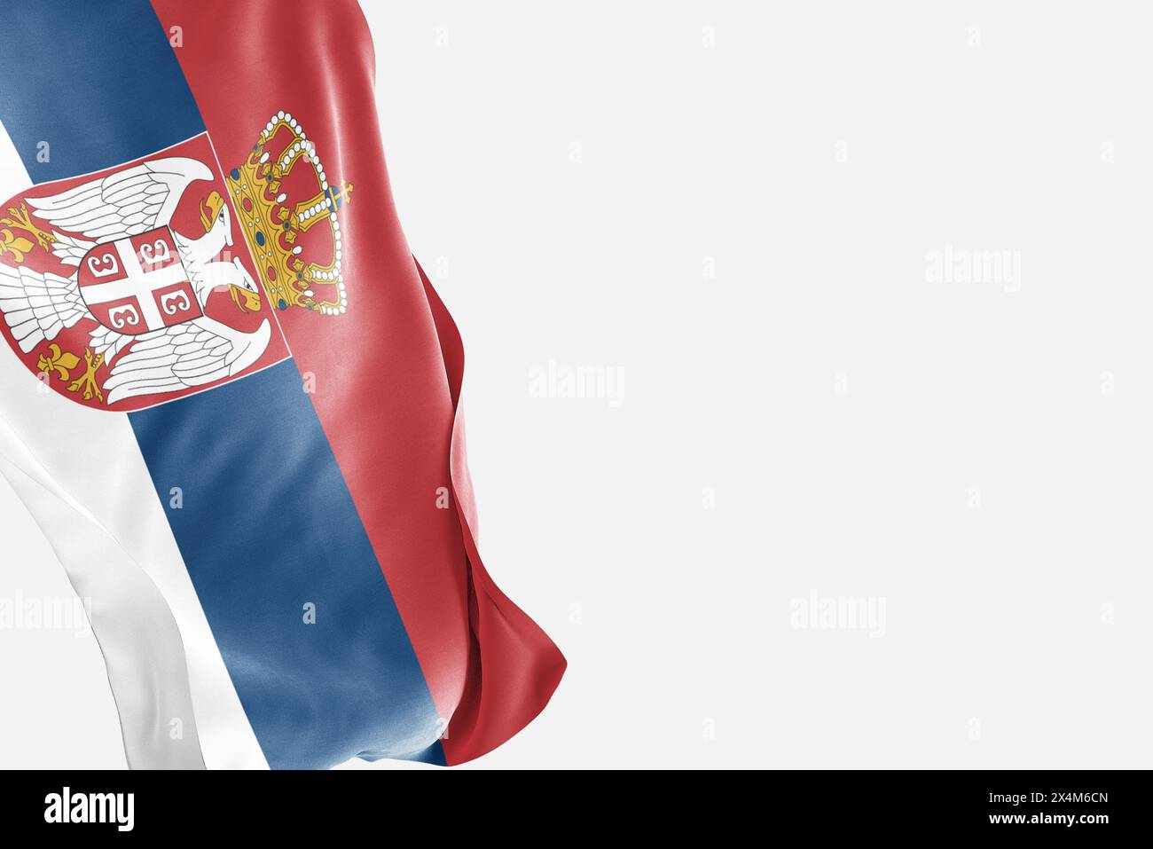 National flag of Serbia flutters in the wind. Wavy Serbia Flag. Close-up front view. Stock Photo