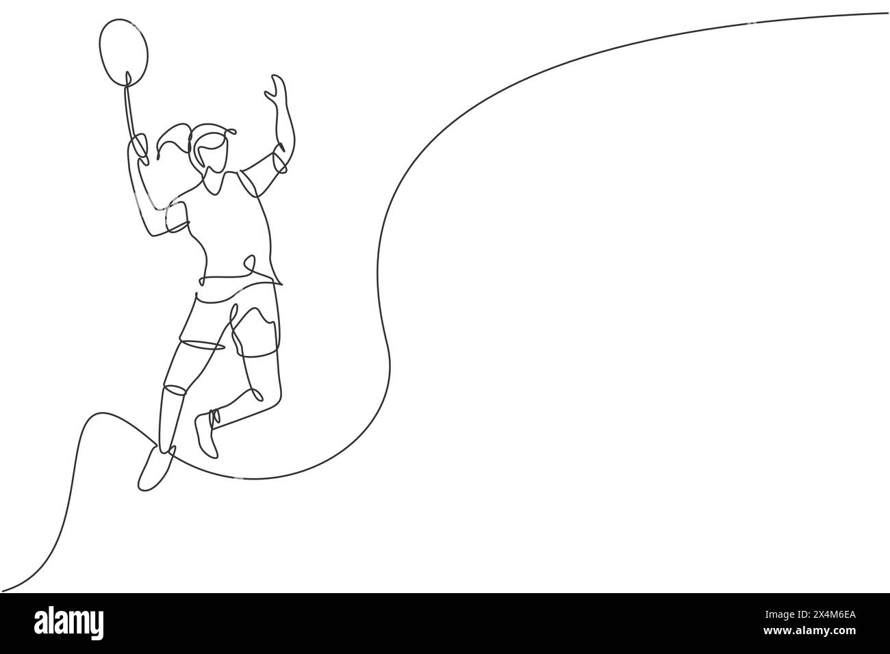 One continuous line drawing of young badminton player jump hit ...