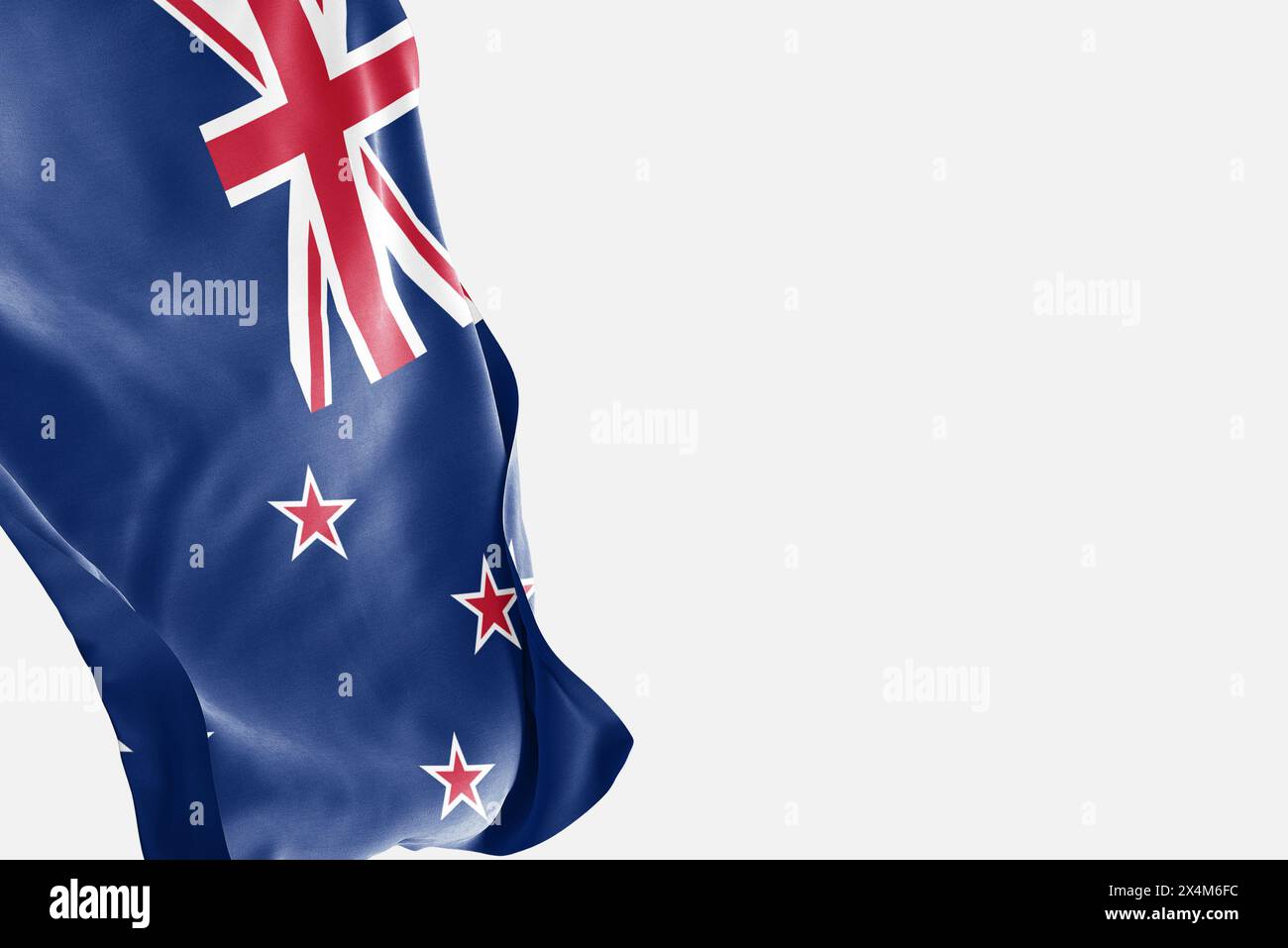 National flag of New Zeland flutters in the wind. Wavy New Zeland Flag. Close-up front view. Stock Photo