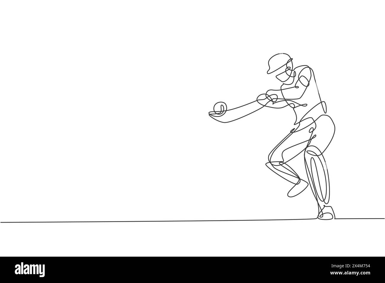 One continuous line drawing of young happy man cricket player focus to