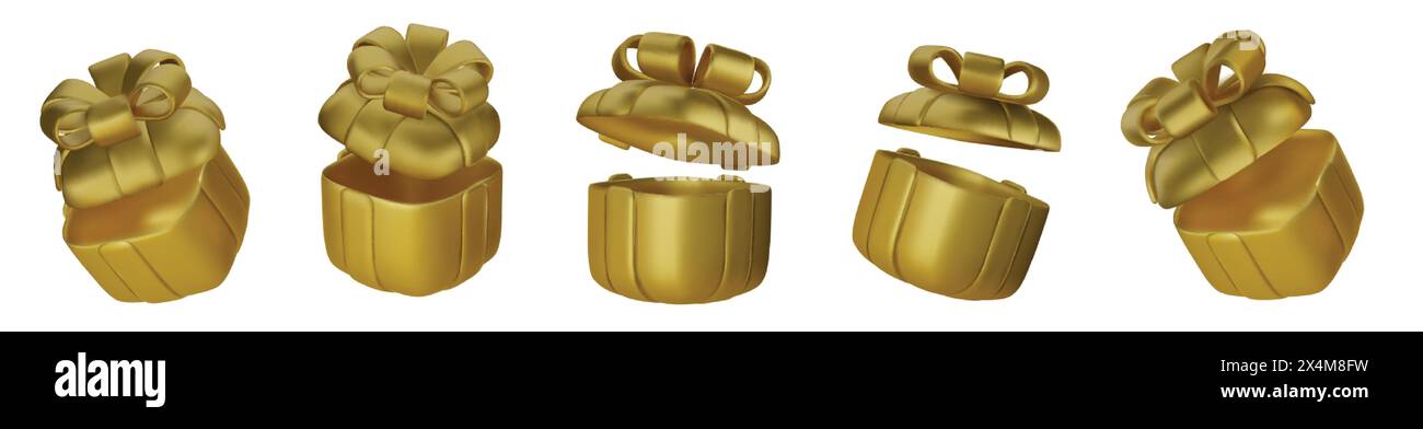 3d gift boxes set with gold ribbon bow isolated on a white background ...