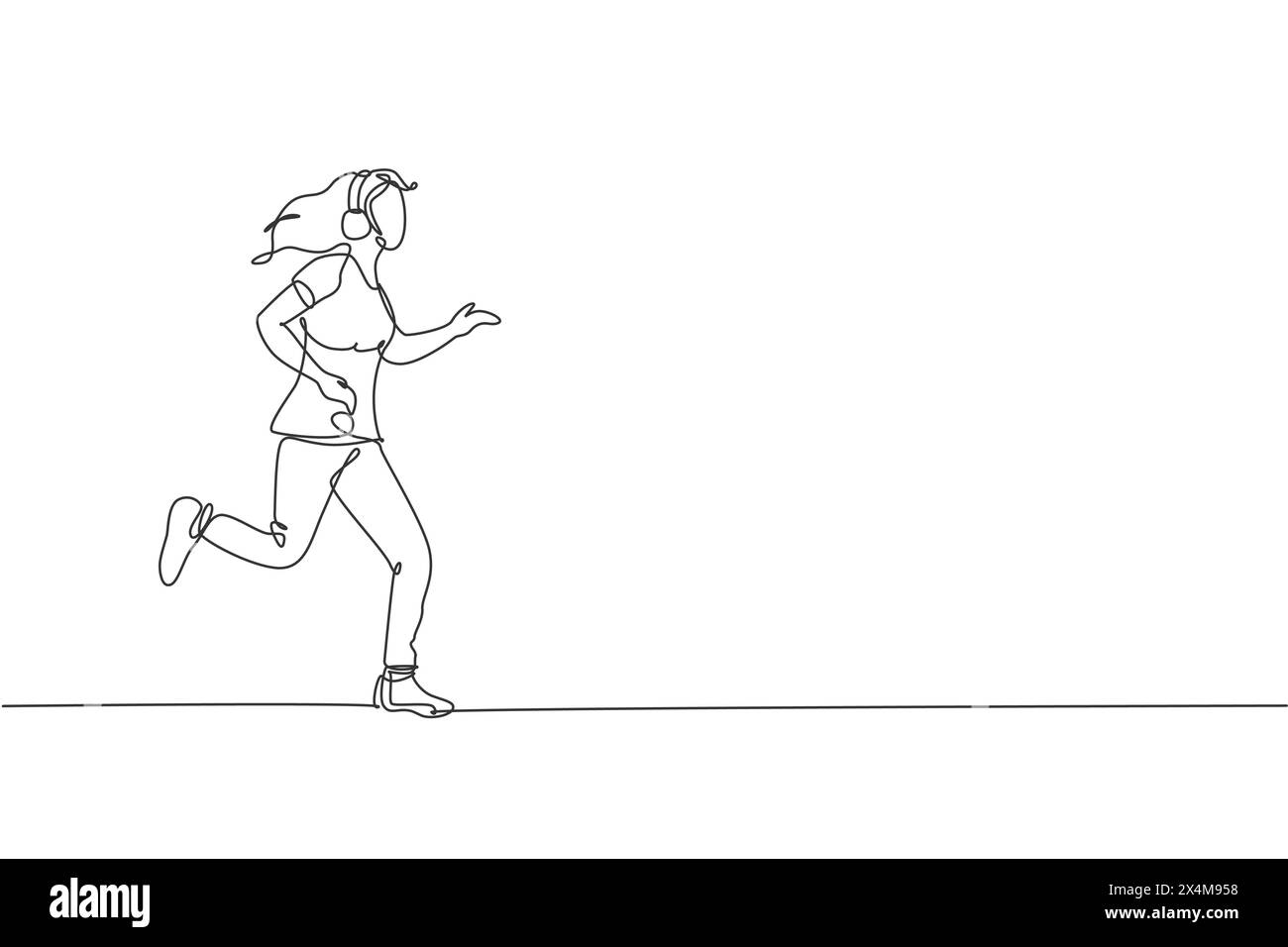One single line drawing young happy runner woman run relax while ...