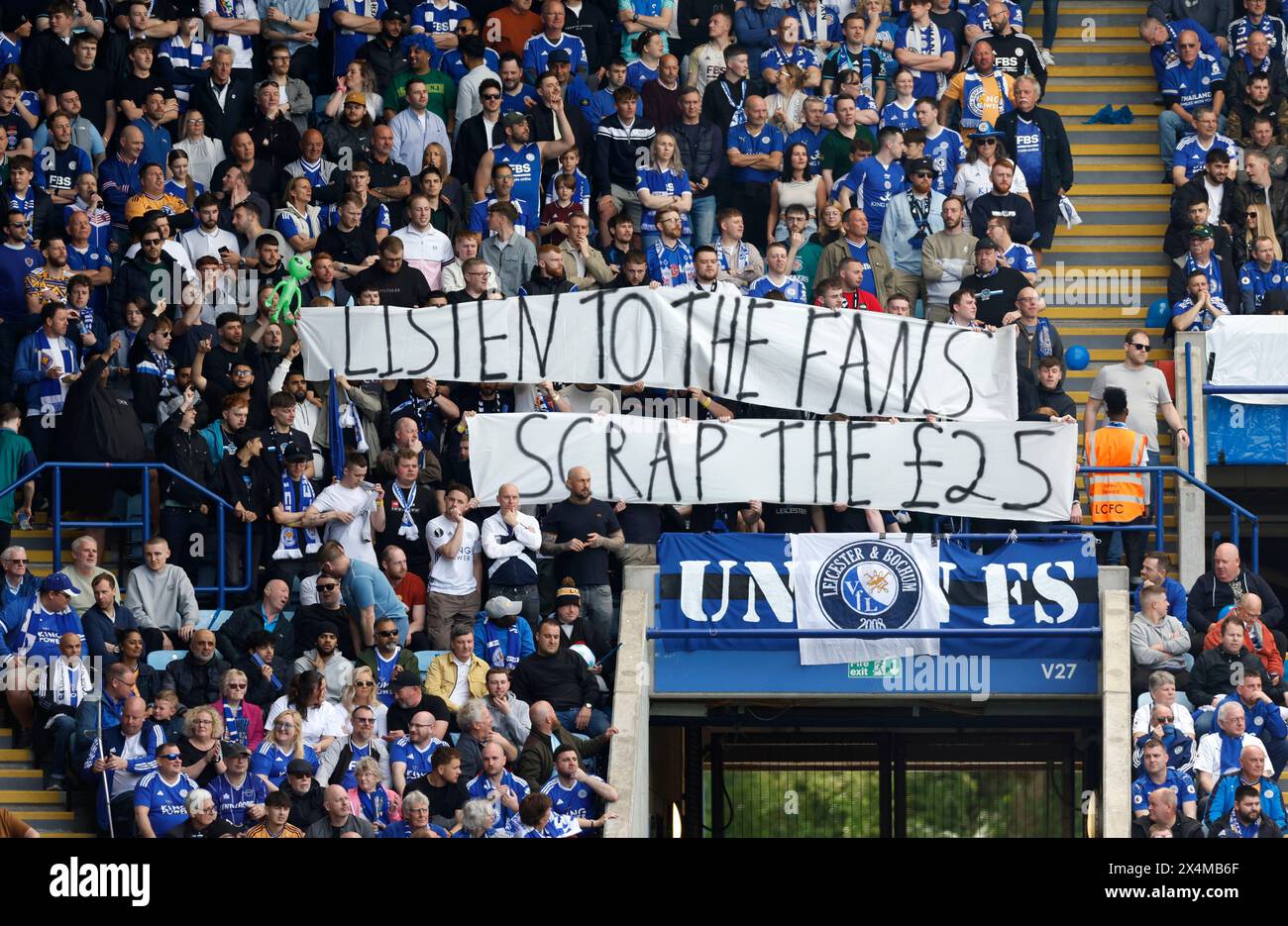 Leicester City fans hold up a banner in protest of the proposed physical season card prices during the Sky Bet Championship match at the King Power Stadium, Leicester. Picture date: Saturday May 4, 2024. Stock Photo