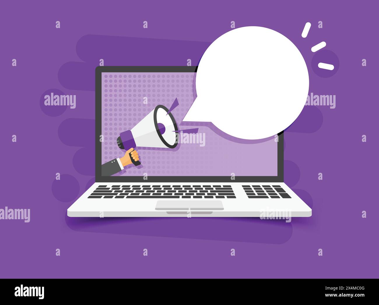 Laptop notification icon in flat style. Computer vector illustration on isolated background. Megaphone reminder sign business concept. Stock Vector