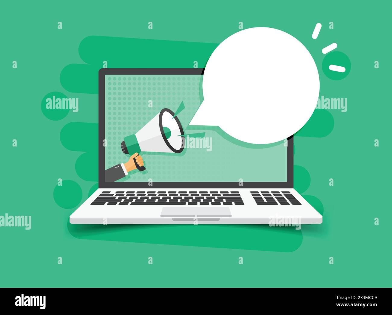 Laptop notification icon in flat style. Computer vector illustration on isolated background. Megaphone reminder sign business concept. Stock Vector