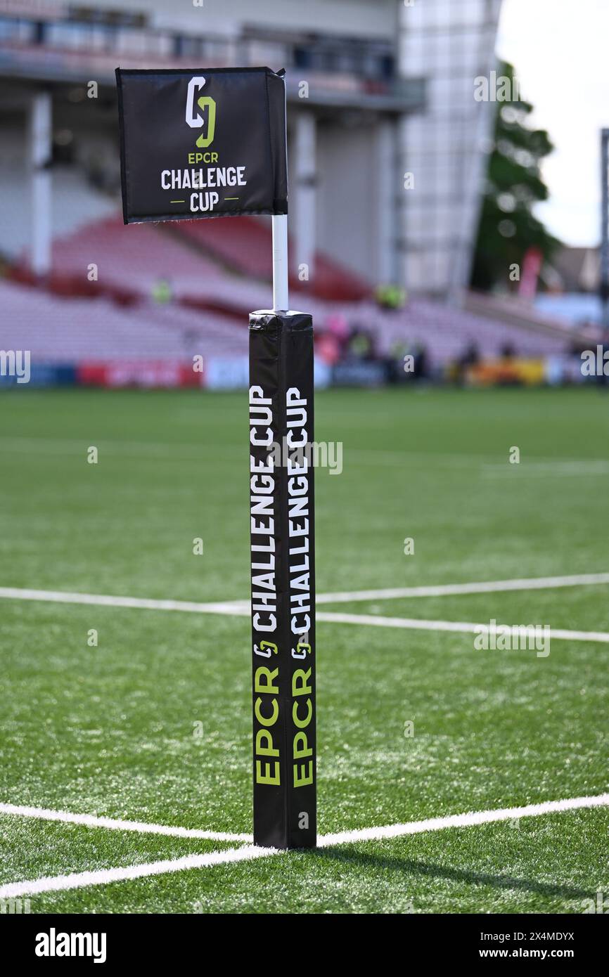 Kingsholm Stadium, Gloucester, Gloucestershire, UK. 4th May, 2024. European Challenge Cup Semi Final Rugby, Gloucester versus Benetton Rugby; EPRC corner flag at Gloucester Credit: Action Plus Sports/Alamy Live News Stock Photo