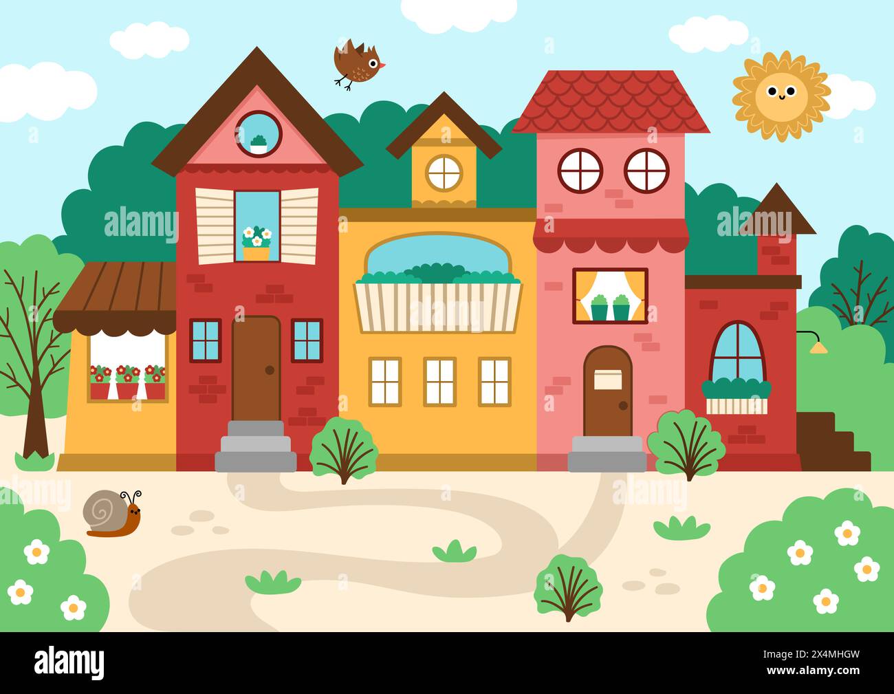 Vector city scene with beautiful house surrounded by garden. Landscape sunny day illustration with residential building. Cute cottage with windows, fl Stock Vector