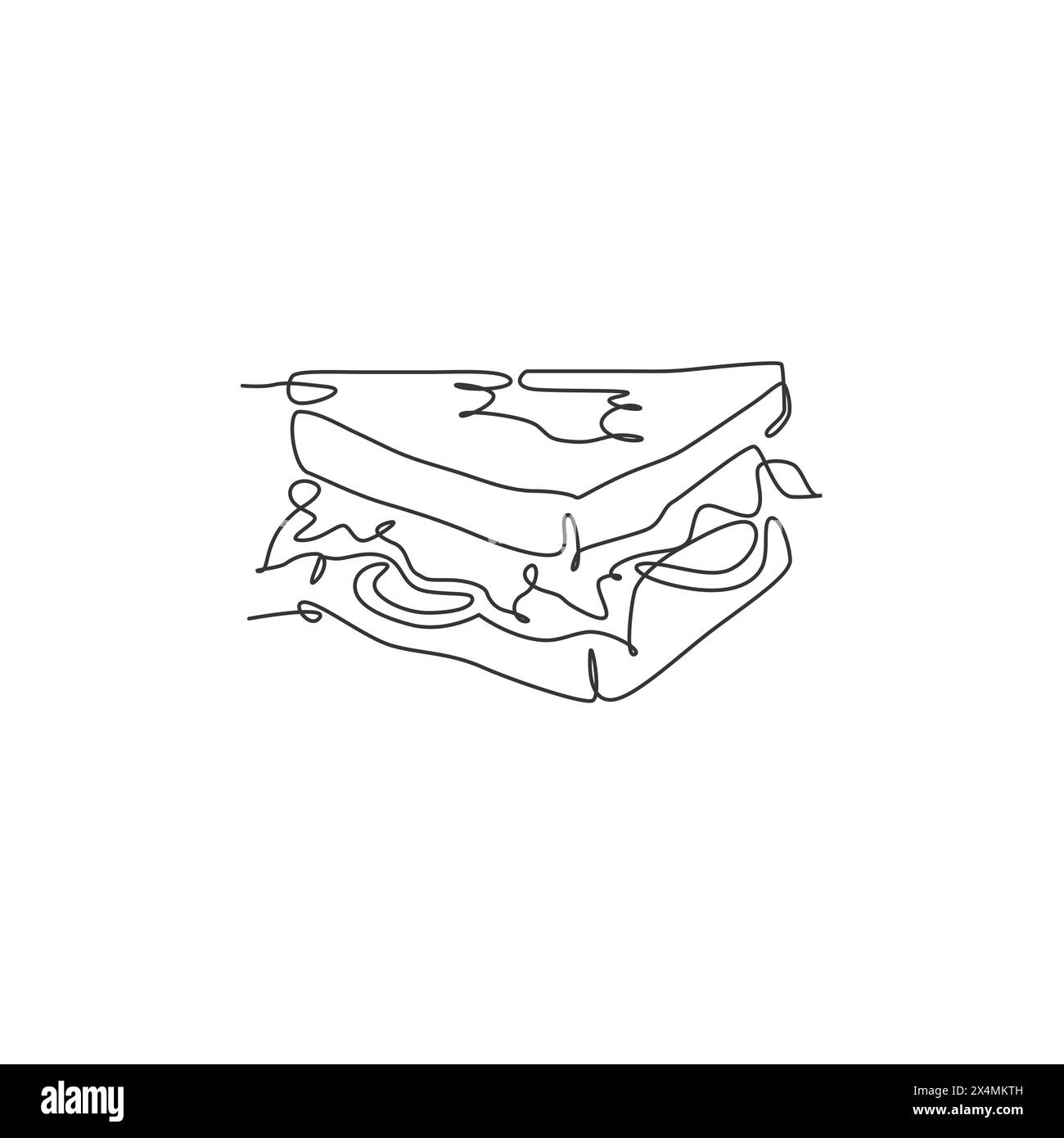 Single continuous line drawing of stylized American sandwich logo label. Emblem fast food restaurant concept. Modern one line draw design vector illus Stock Vector