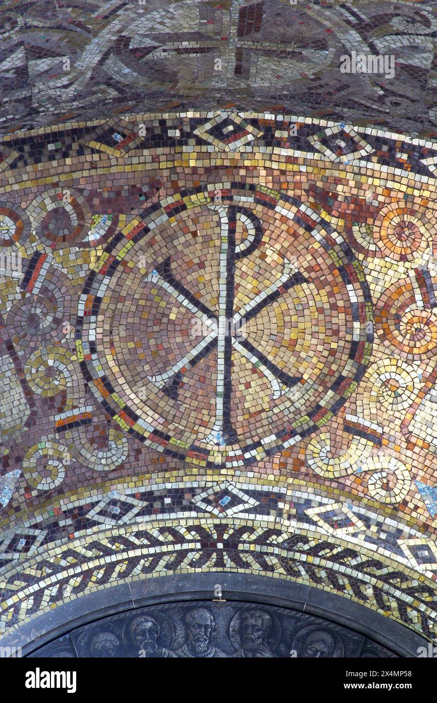Pax symbol, mosaic on the altar of the Sacred Heart of Jesus in St. Blaise Parish Church, Zagreb, Croatia Stock Photo