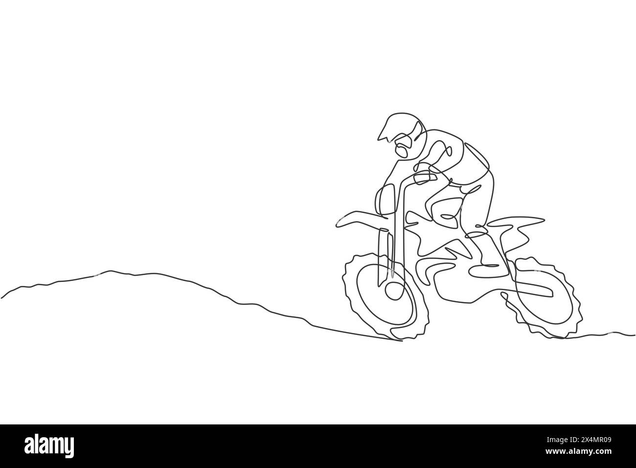 One single line drawing of young motocross rider climb ground hill at race track vector graphic illustration. Extreme sport concept. Modern continuous Stock Vector