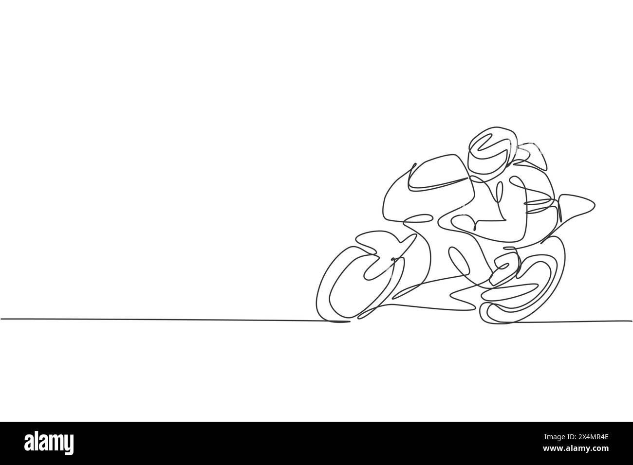 One continuous line drawing of young moto biker practicing at circuit track. Super bike racing concept graphic vector illustration. Dynamic single lin Stock Vector