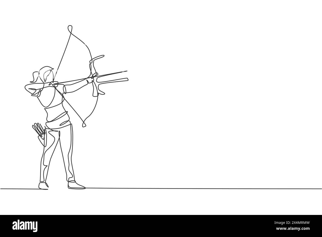 One continuous line drawing of young archer woman pulling the bow to ...