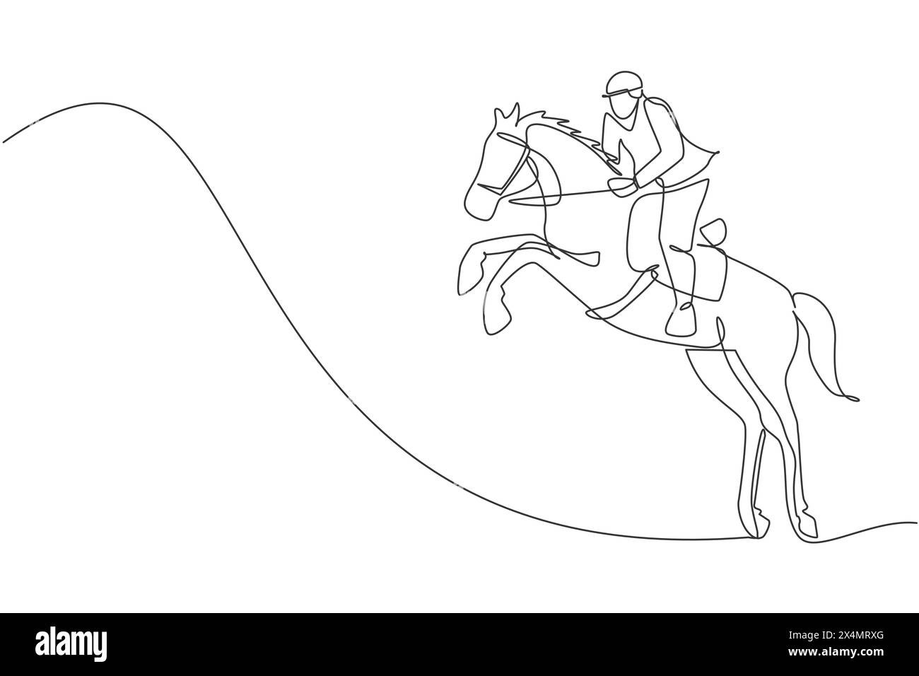 One continuous line drawing young horse rider man in jumping action. Equine training at racing track. Equestrian sport competition concept. Dynamic si Stock Vector