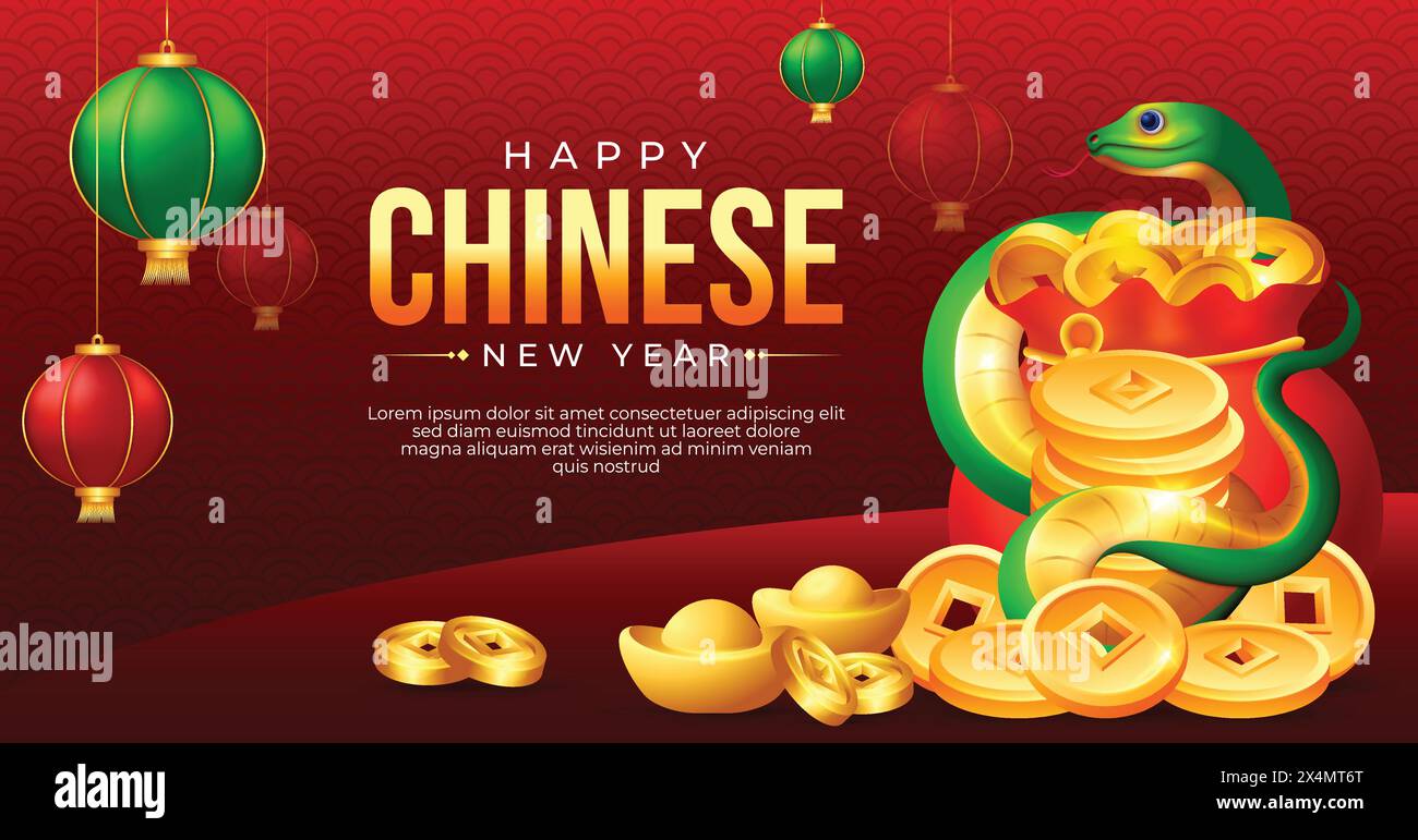 Year of the snake 2025 banner design, green snake with golden coins and