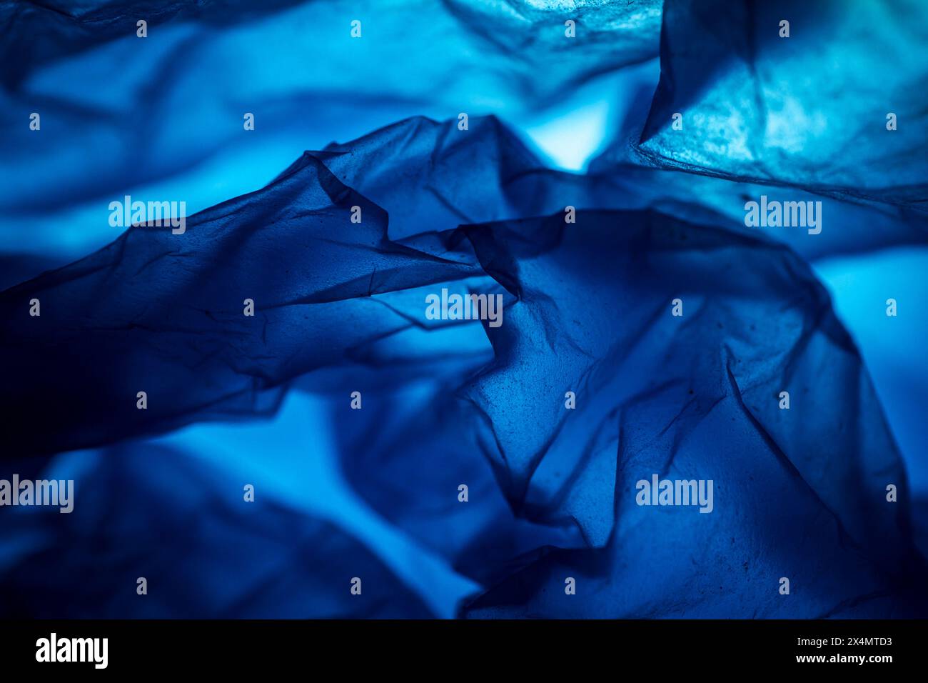 Extreme close up of blue empty plastic bag background. The plastic surface is wrinkly and tattered making abstract pattern. Selective focus, shallow d Stock Photo