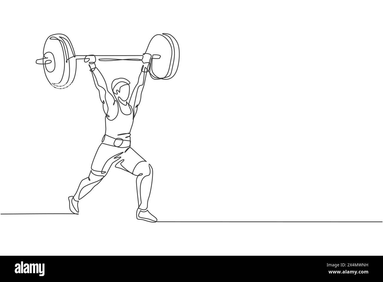 One continuous line drawing of young bodybuilder man doing exercise ...