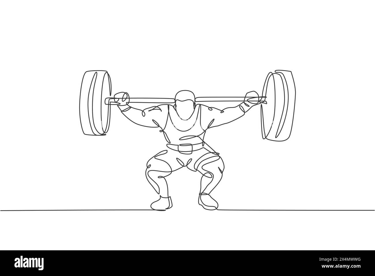 Single continuous line drawing of young strong weightlifter man ...