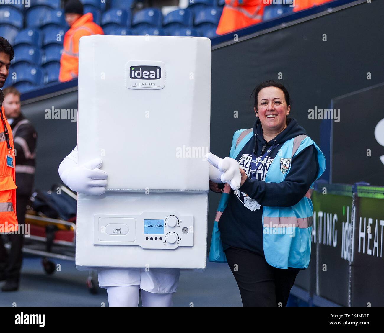 West Bromwich, UK. 04th May, 2024. Ideal Boiler Man, sponsor mascot of West Bromwich Albion returns after an absence during the EFL Sky Bet Championship match between West Bromwich Albion and Preston North End at The Hawthorns, West Bromwich, England on 4 May 2024. Photo by Stuart Leggett. Editorial use only, license required for commercial use. No use in betting, games or a single club/league/player publications. Credit: UK Sports Pics Ltd/Alamy Live News Stock Photo