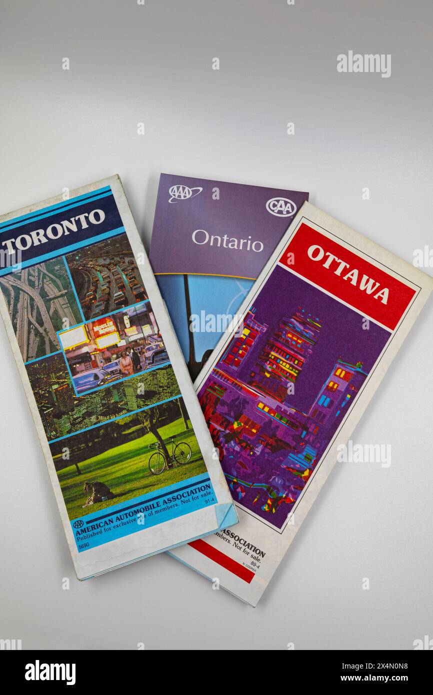 Canadian fold out paper travel maps. Stock Photo