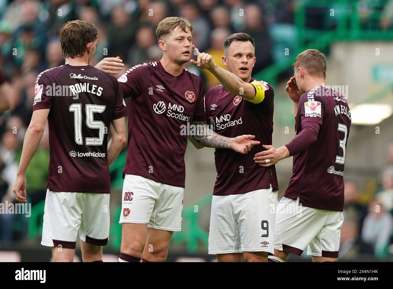 (left to right) Heart of Midlothian's Kye Rowles, Frankie Kent, Lawrence Shankland, Stephen Kingsley orginising their defensive wall during the cinch Premiership match at Celtic Park, Glasgow. Picture date: Saturday May 4, 2024. Stock Photo