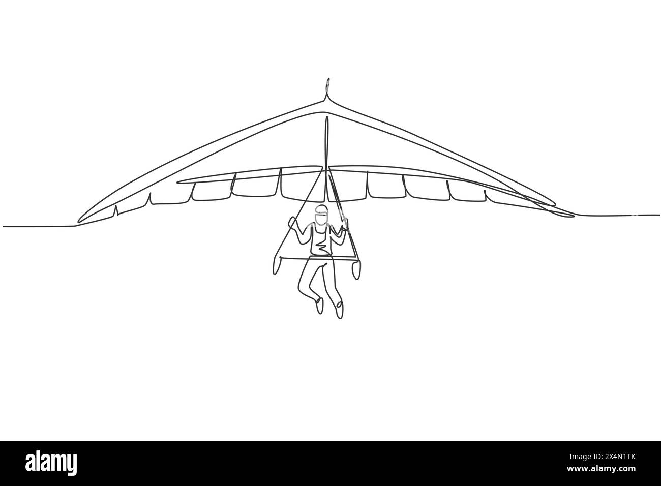 Single continuous line drawing of young tourist man flying with hang gliding parachute on the sky. Extreme vacation holiday sport concept. Trendy one Stock Vector