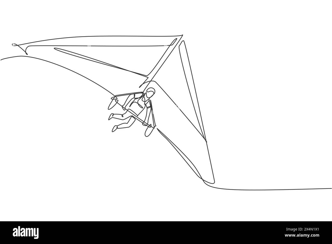 One single line drawing of young sporty man flying with hang gliding parachute on the sky vector graphic illustration. Extreme sport concept. Modern c Stock Vector