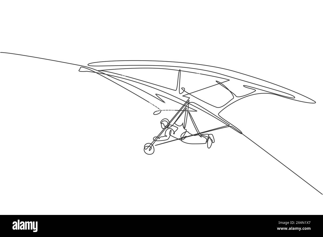 One continuous line drawing of young bravery man flying in the sky using hang gliding parachute. Outdoor dangerous extreme sport concept. Dynamic sing Stock Vector