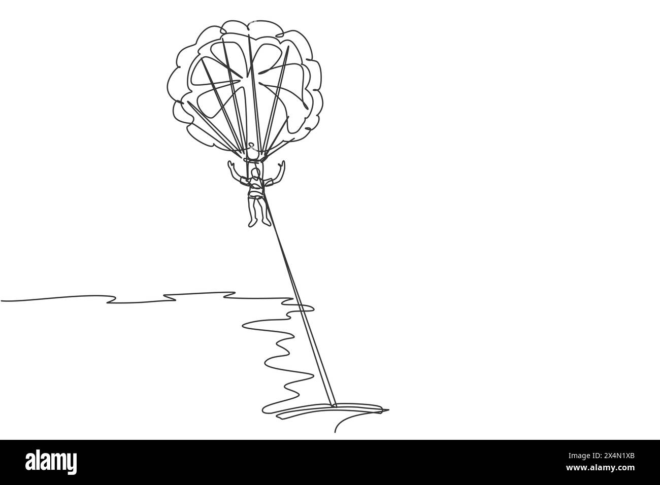 One single line drawing of young sporty man flying with parasailing parachute on the sky pulled by boat graphic vector illustration. Extreme sport con Stock Vector