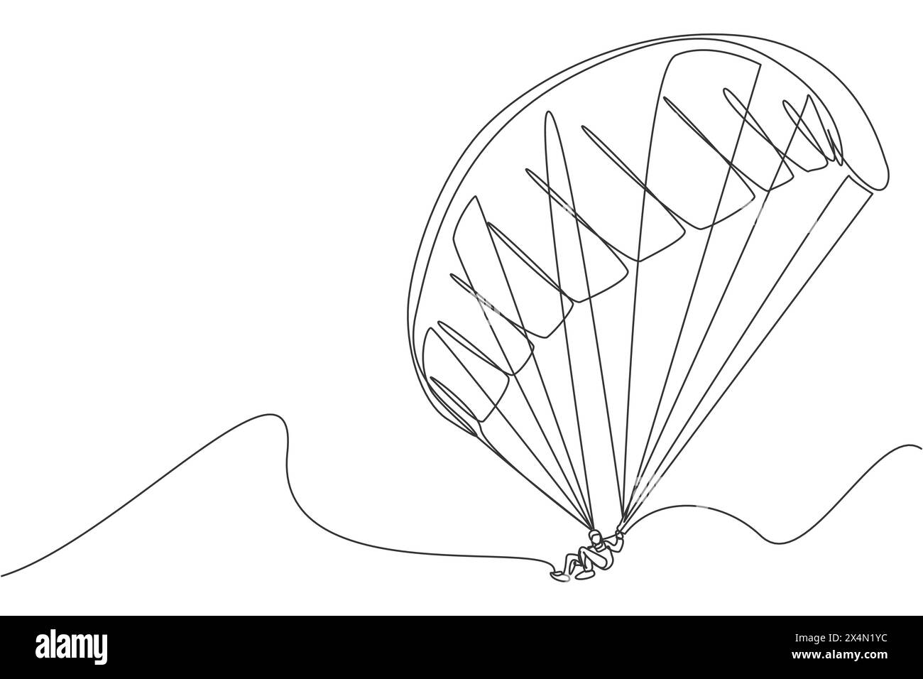 Single continuous line drawing of young tourist man flying with paragliding parachute on the sky. Extreme vacation holiday sport concept. Trendy one l Stock Vector