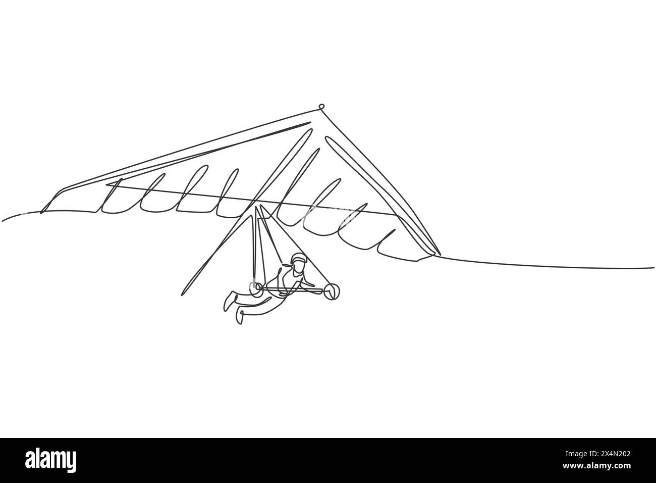 One single line drawing of young sporty man flying with hang gliding parachute on the sky vector graphic illustration. Extreme sport concept. Modern c Stock Vector