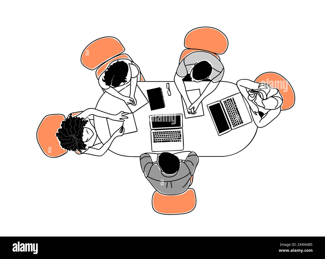 Business people are sitting around a table with laptops. They are discussing, brainstorming, meeting, working together. Scene is collaborative and foc Stock Vector