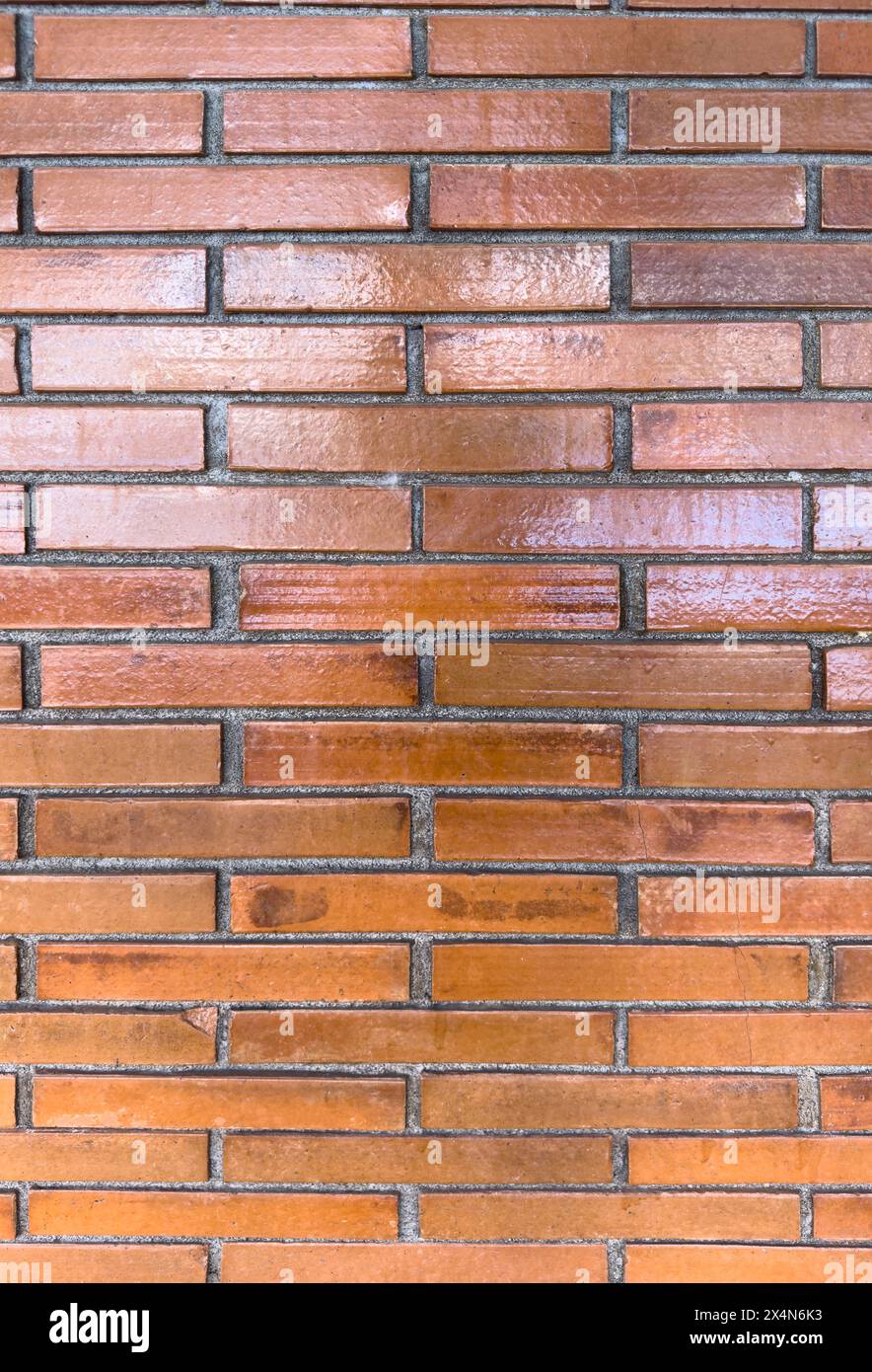 Red glossy brick wall background close up view Stock Photo