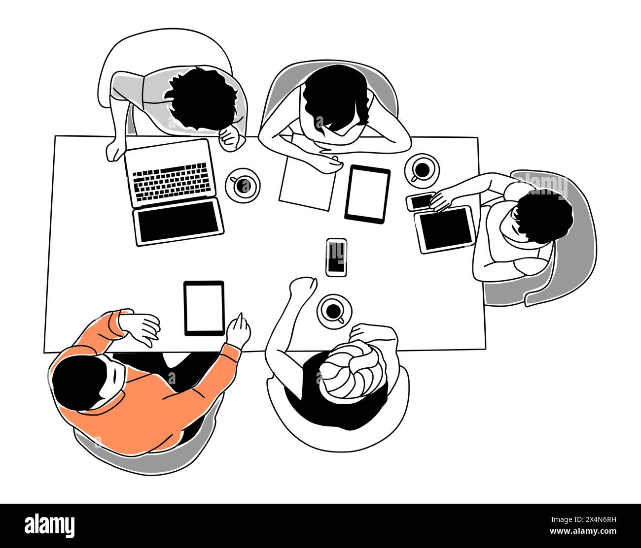 Business people are sitting around a table with laptops. They are discussing, brainstorming, meeting, working together. Scene is collaborative and foc Stock Vector
