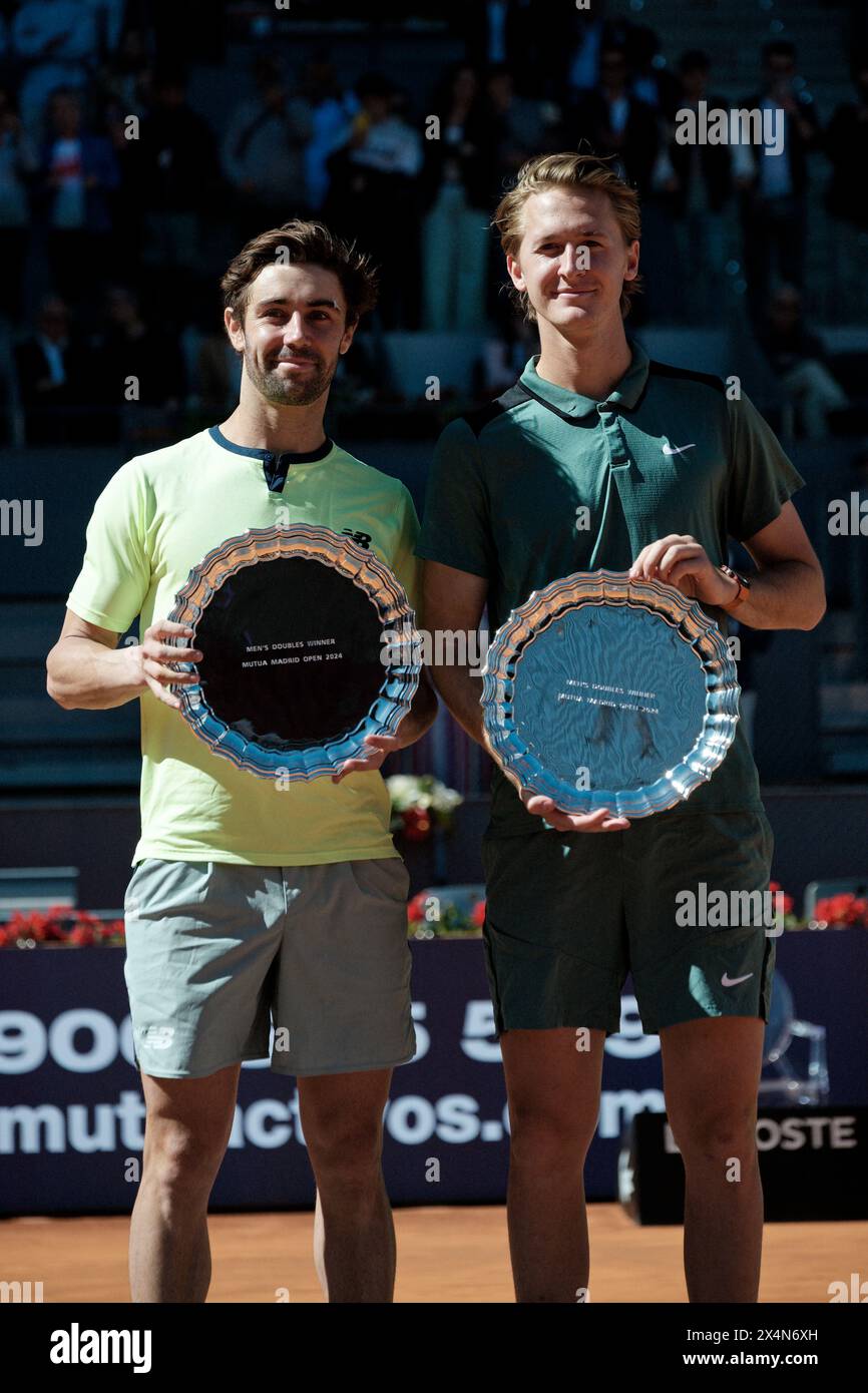 Madrid, Spain. 04th May, 2024. Mutua Madrid Open tennis, ATP, Men's Doubles, Trophy Ceremony: Jordan Thompson (AUS) and Sebastian Korda (USA), Ariel Behar (URU) and Adam Pavlasek (CZE). Jordan Thompson (AUS) and Sebastian Korda (USA) winners. Credit: EnriquePSans/Alamy Live News Stock Photo
