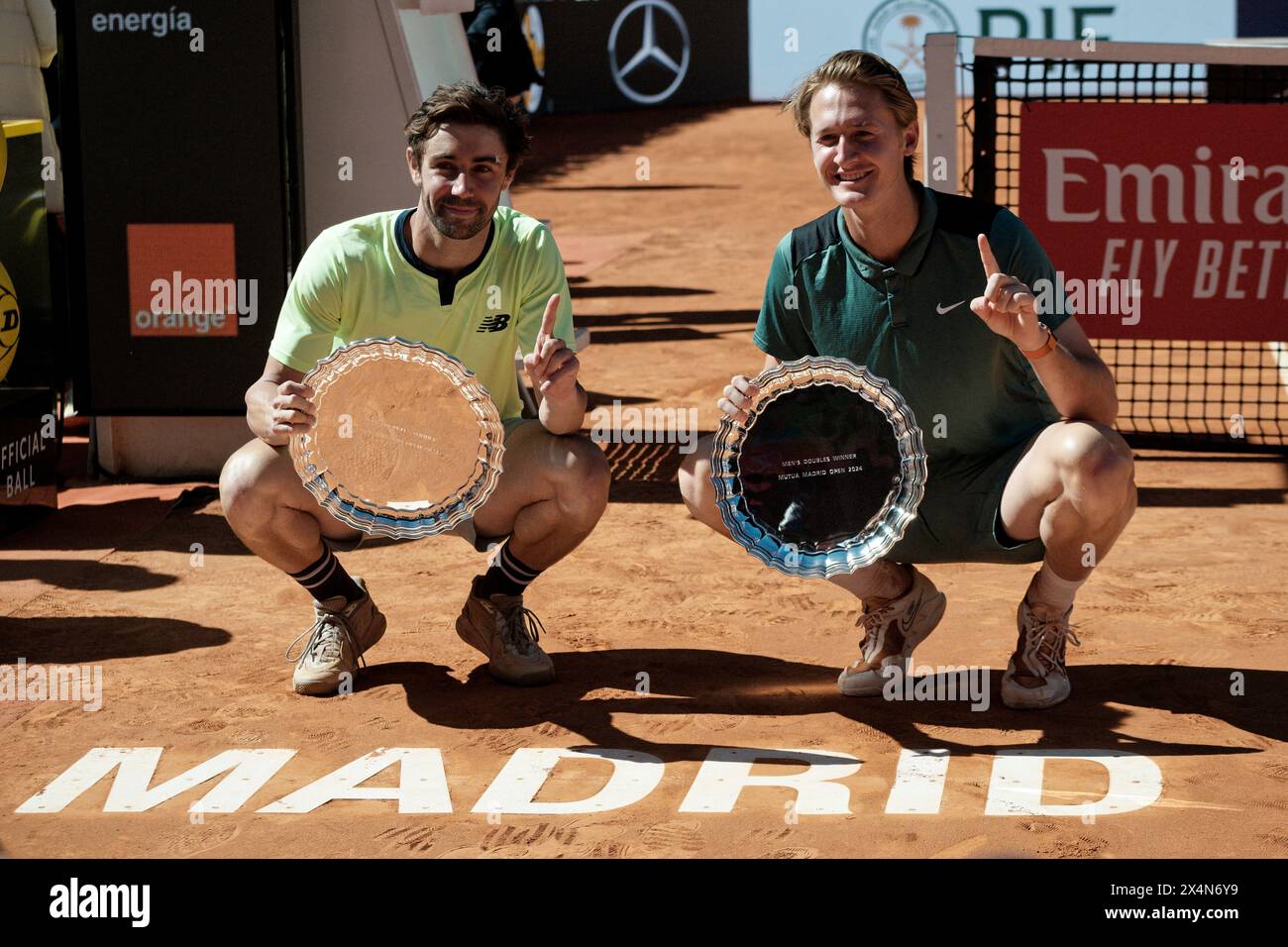 Madrid, Spain. 04th May, 2024. Mutua Madrid Open tennis, ATP, Men's Doubles, Trophy Ceremony: Jordan Thompson (AUS) and Sebastian Korda (USA), Ariel Behar (URU) and Adam Pavlasek (CZE). Jordan Thompson (AUS) and Sebastian Korda (USA) winners. Credit: EnriquePSans/Alamy Live News Stock Photo