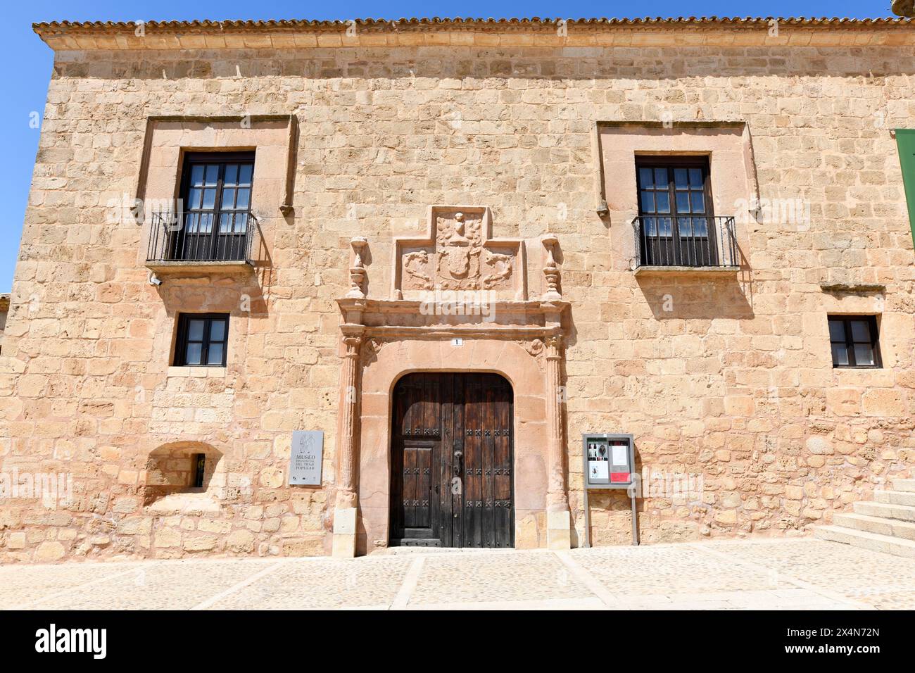 Moron de Almazan, Main square with Hurtado Mendoza palace (renaissance, 16th century). Museo del Traje Popular. Soria province, Castilla y Leon, Spain Stock Photo