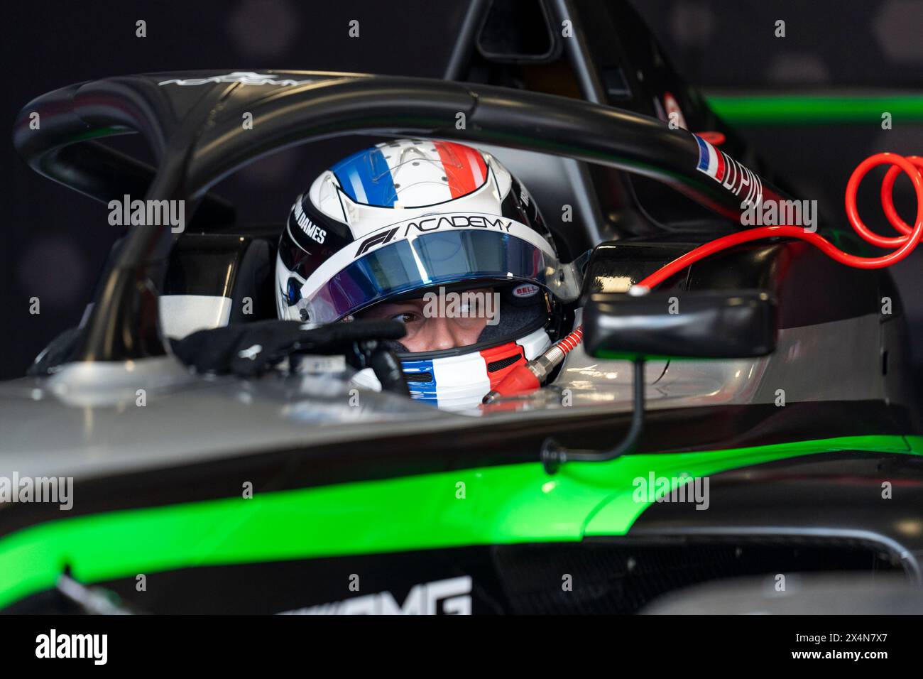 Miami Gardens, United States. 04th May, 2024. French Formula One Academy driver Doriane Pin of Prema Racing prepares for qualifying during the Formula One Miami Grand Prix at the Miami International Autodrome in Miami Gardens, Florida on Saturday, May 4, 2024 Photo by Greg Nash/UPI. Credit: UPI/Alamy Live News Stock Photo