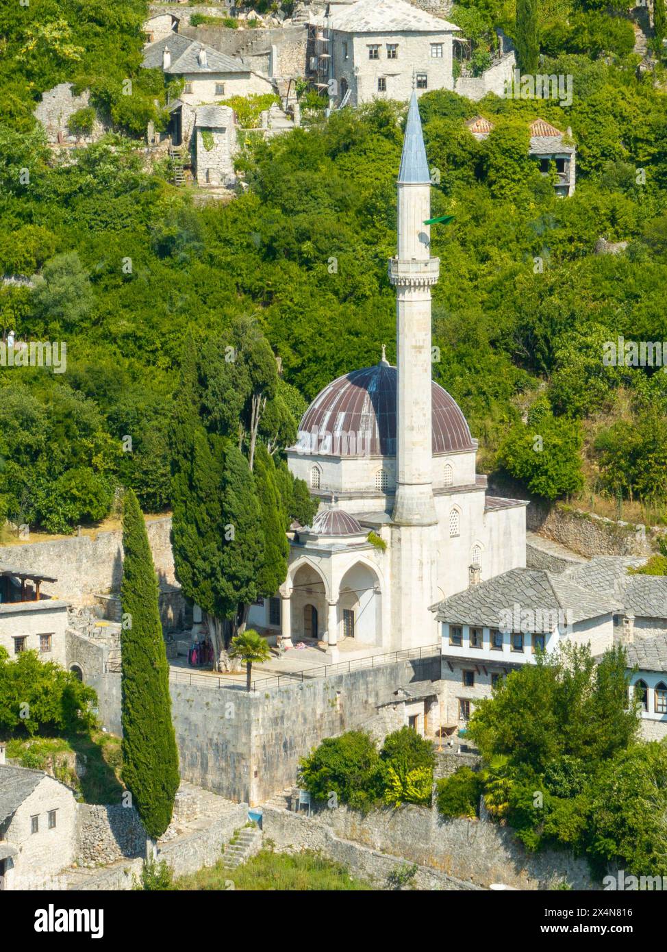 Aerial view of the Sisman Ibrahim Pasha Mosque in Pocitelj, Bosnia and Herzegovina. Stock Photo
