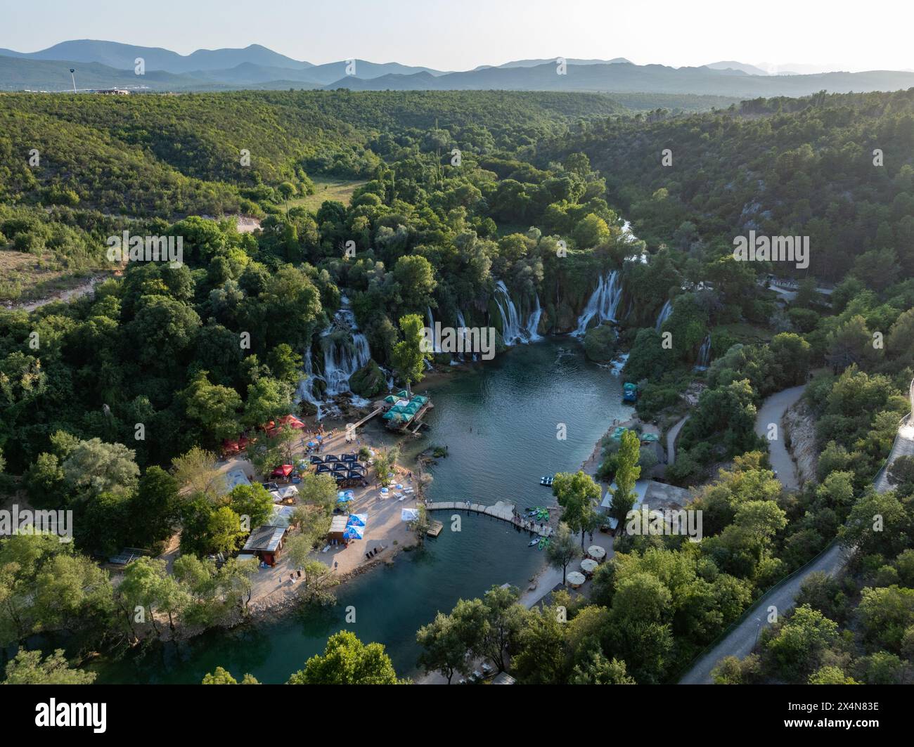 Ljubuski, Bosnia and Herzegovina - Jul 23, 2023: Aerial view of the Kravica Waterfalls in Bosnia and Herzegovina, along the Trebizat River. Stock Photo