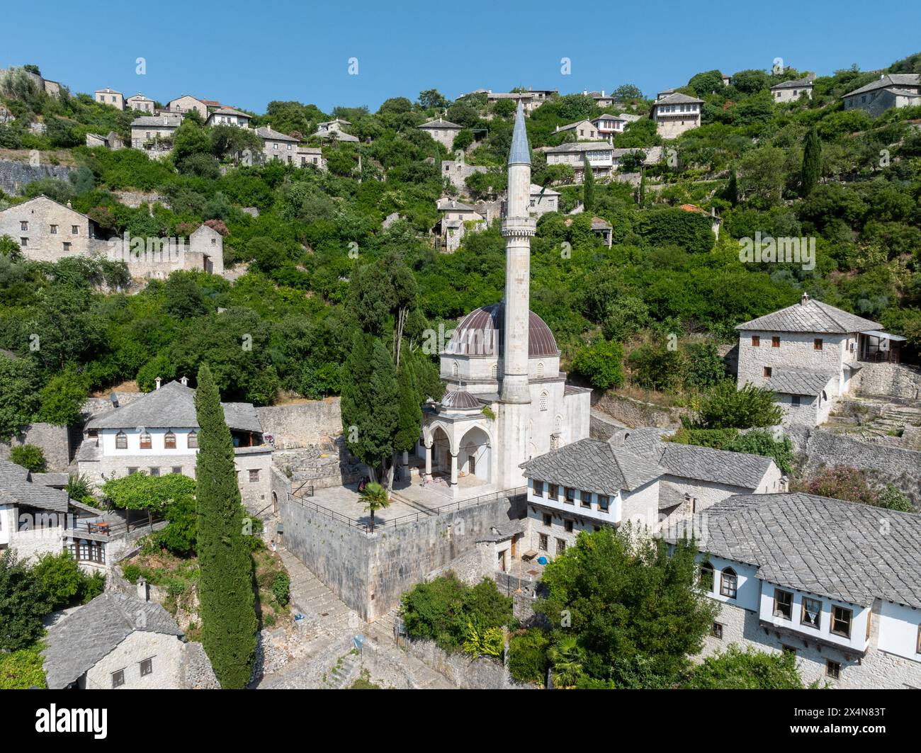 Aerial view of the Sisman Ibrahim Pasha Mosque in Pocitelj, Bosnia and Herzegovina. Stock Photo