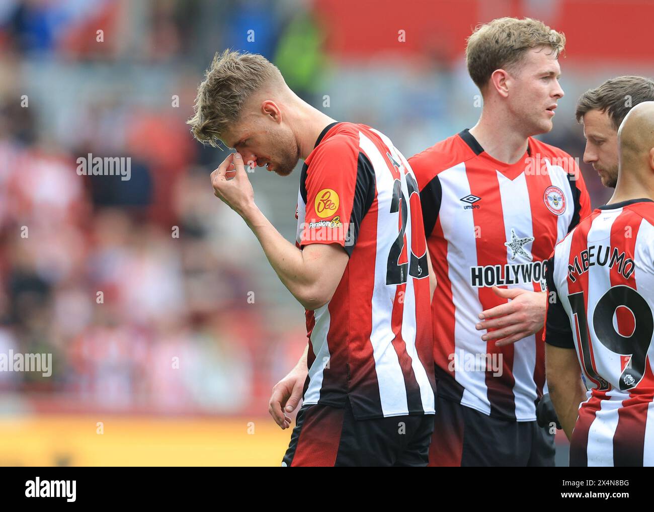 London, England, 4th May 2024. Kristoffer Ajer (L) of Brentford leaves