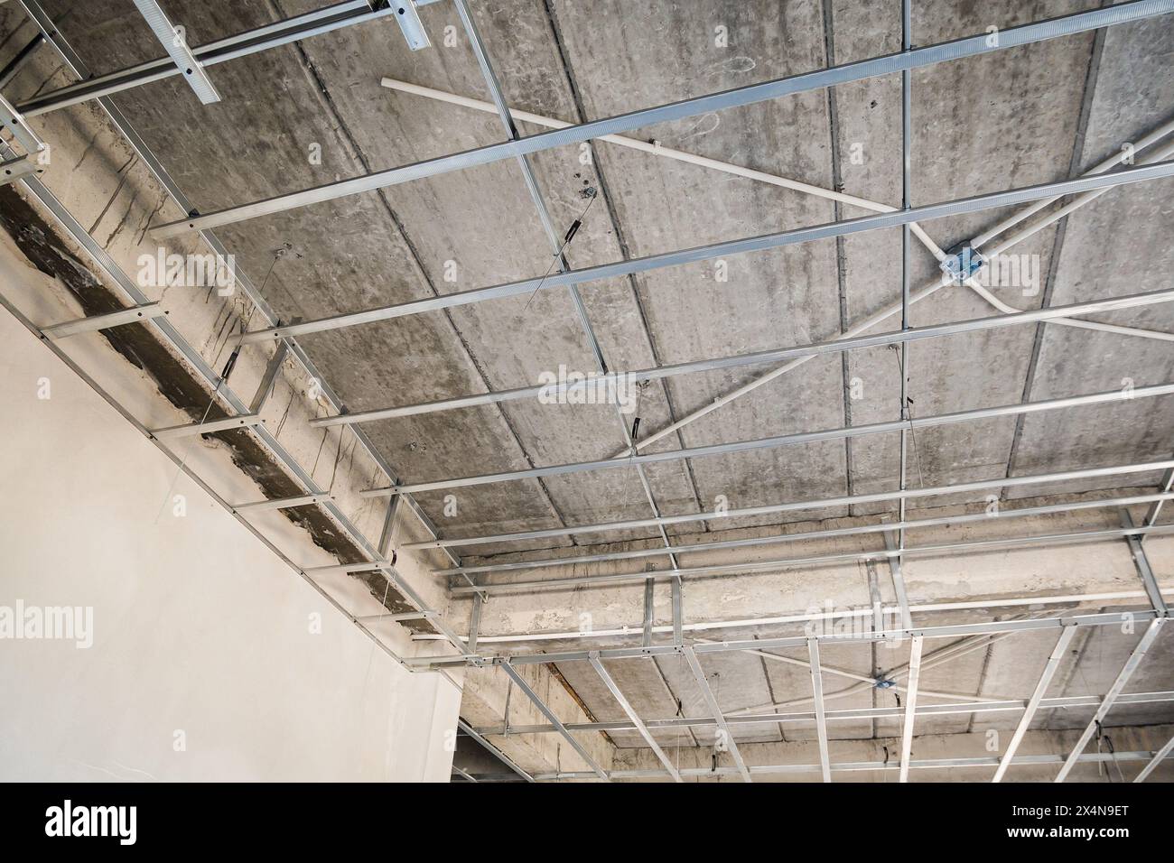 Plaster Frame Installation Install metal frame for plaster board ceiling at house under ...