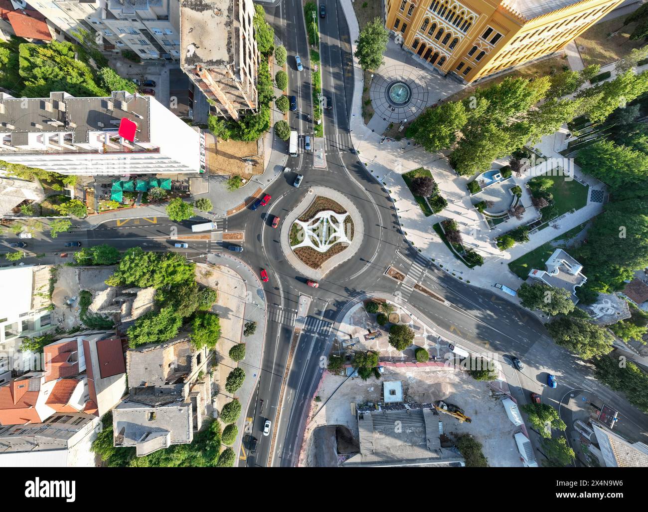 Aerial view of a roundabout in Mostar, Bosnia Herzegovina. Stock Photo