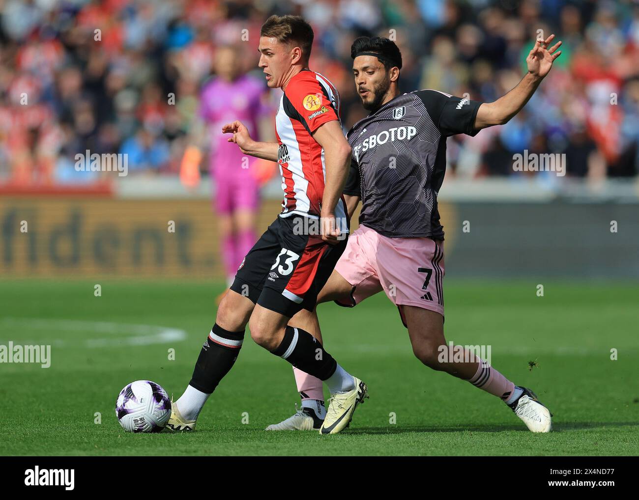 London, UK. 4th May, 2024. Yehor Yarmolyuk of Brentford and Raúl Jimenez of Fulham challenge for the ball during the Premier League match at Gtech Community Stadium, London. Picture credit should read: Paul Terry/Sportimage Credit: Sportimage Ltd/Alamy Live News Stock Photo