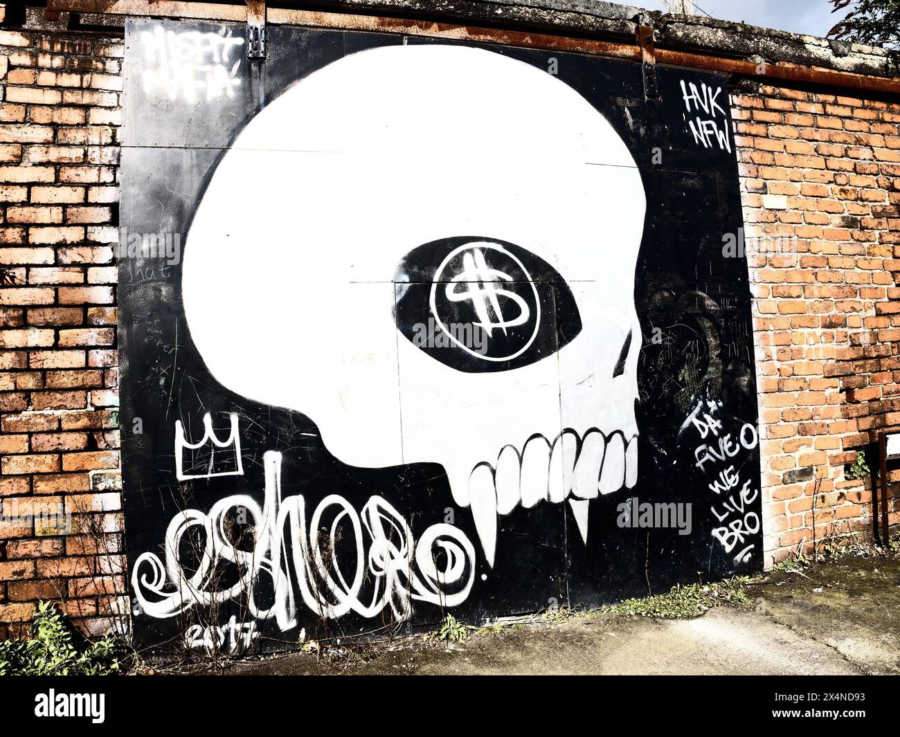 White Skull gafitti on black and brick wall Stock Photo