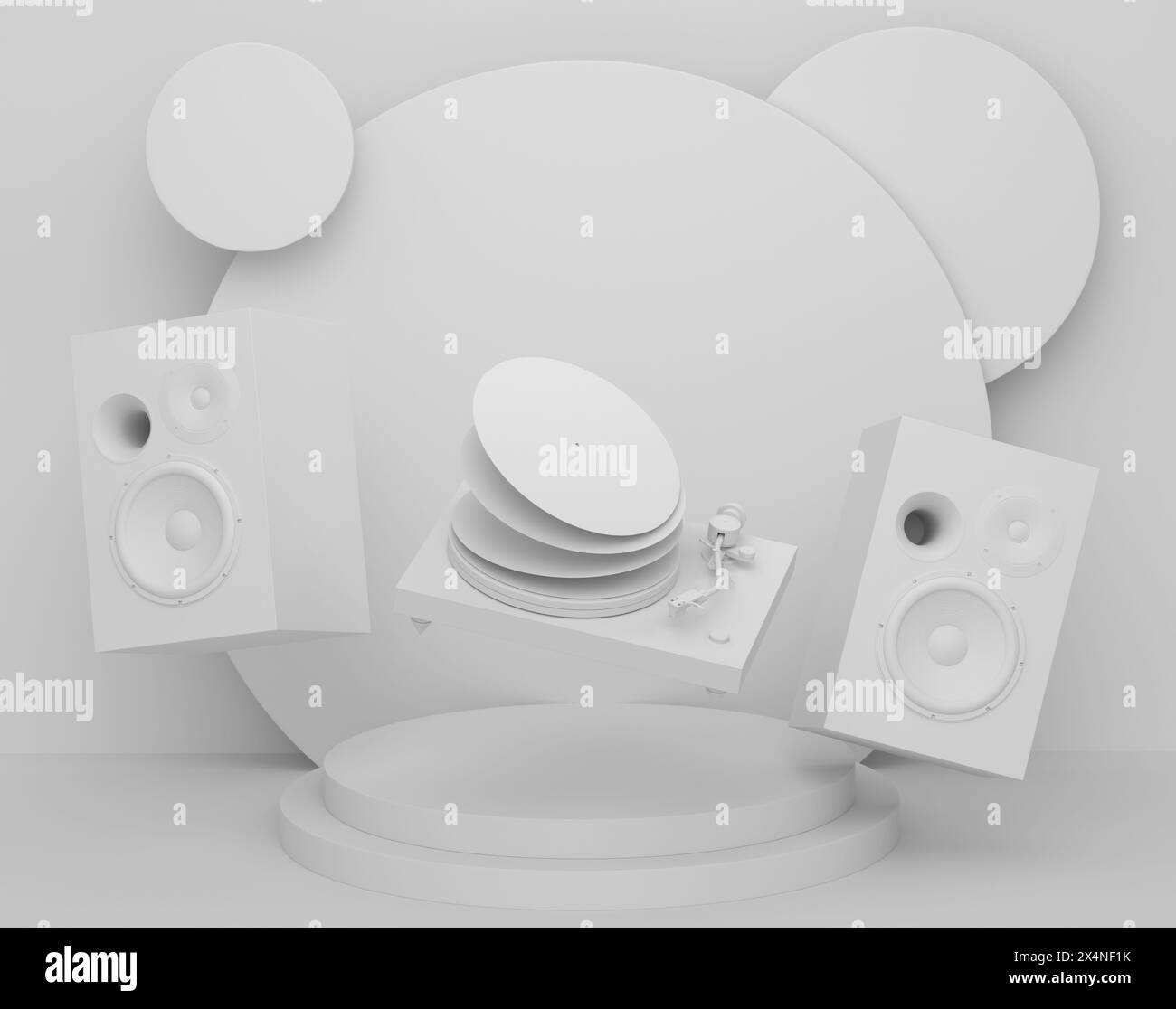 Abstract scene or podium with Hi-fi speakers and DJ turntable with vinyl LP record on monochrome background. 3d render of scene for product presentati Stock Photo