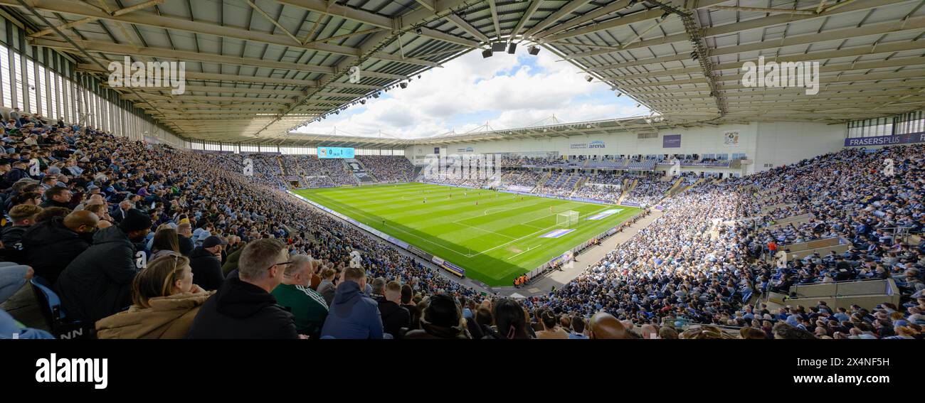 The Coventry Building Society Arena. Fans watch a Coventry City FC v QPR game at home. English Championship league. Last game of the 2023/24 season. Stock Photo